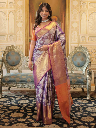 Attractive Purple Zari Weaving Kanjivaram Silk Function Wear Saree